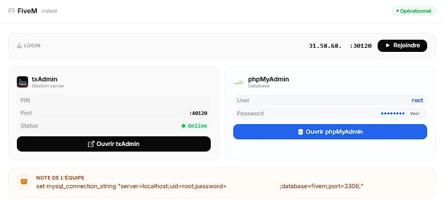 Informations d’installation FiveM dans le panneau de contrôle du VPS
