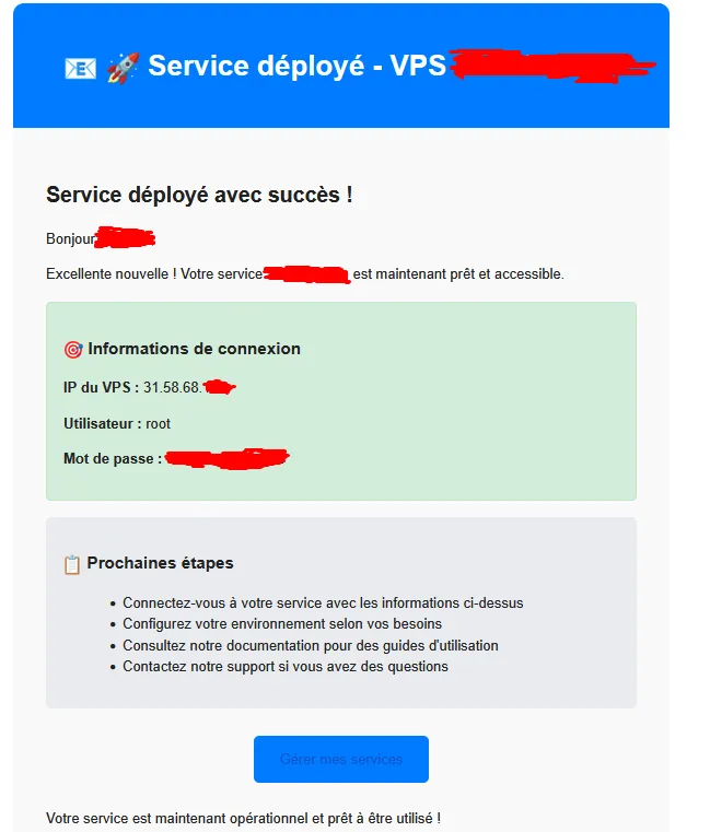 Exemple d’e-mail contenant les identifiants du VPS
