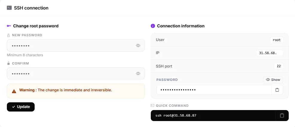 Page Connexion SSH du panneau de gestion du VPS