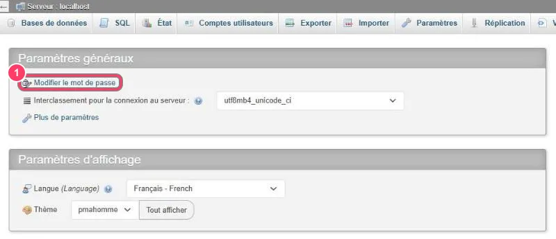 Accueil de phpMyAdmin