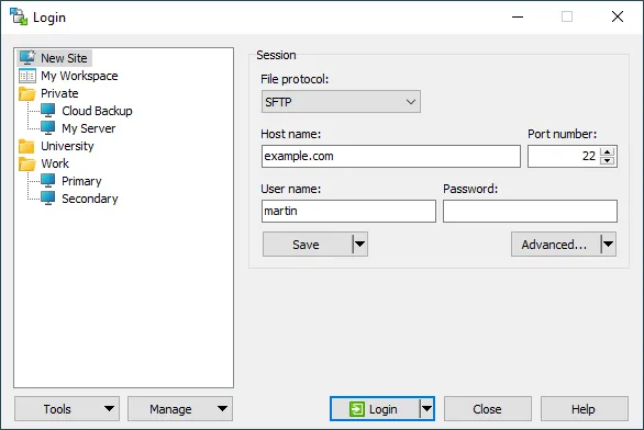 Fenêtre de connexion WinSCP